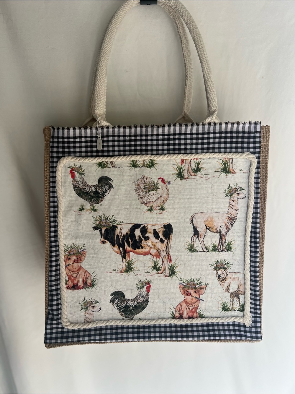 New Handcrafted: Canvas Farm Animal Tote Bag in Cream and Black Gingham